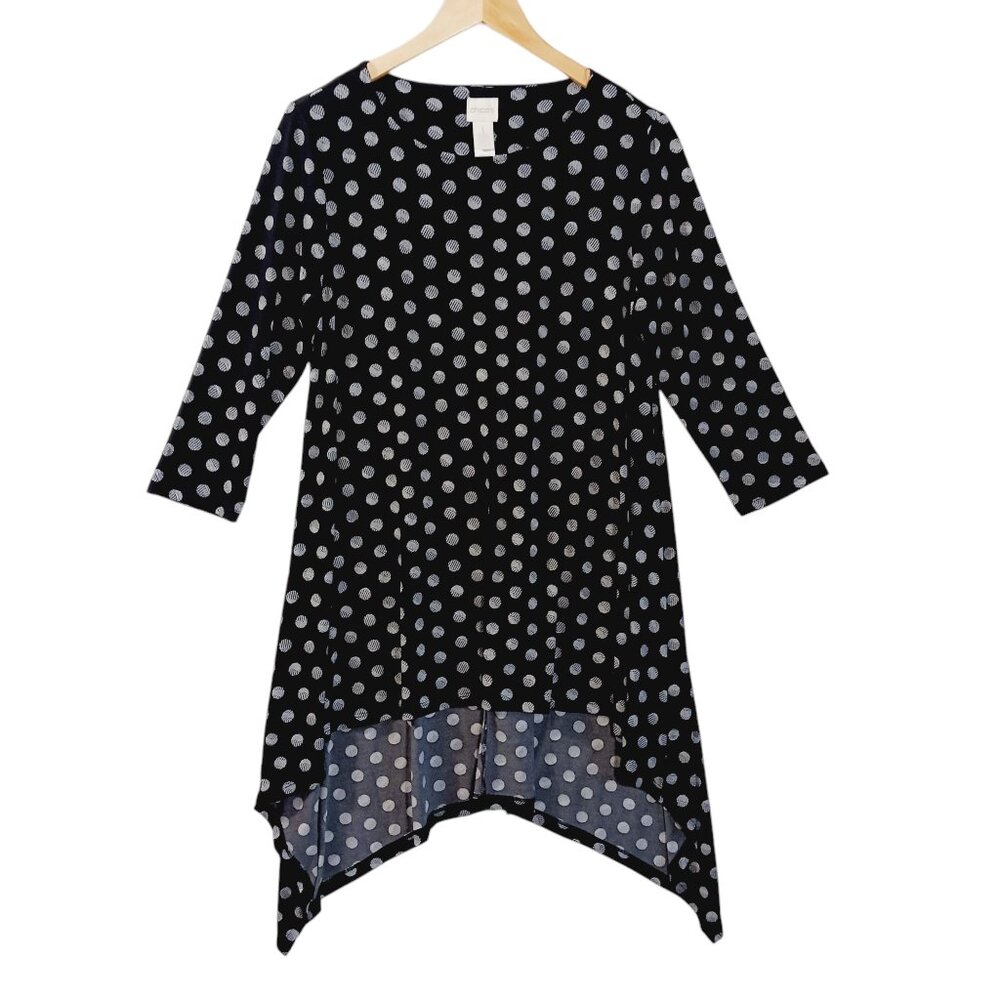 Chico's, Solar Polka Dots, Small, Black & White Tunic Top, HI-Low, Elbow Sleeves - Picture 3 of 14